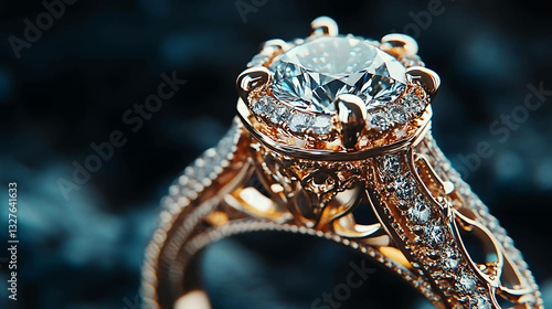 A close-up of a diamond ring with intricate details and a sparkling center stone