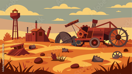 The rusty remnants of abandoned machinery and equipment litter the field a testimony to the farmers struggle and their eventual defeat in the face of the agricultural collapse.. Vector illustration