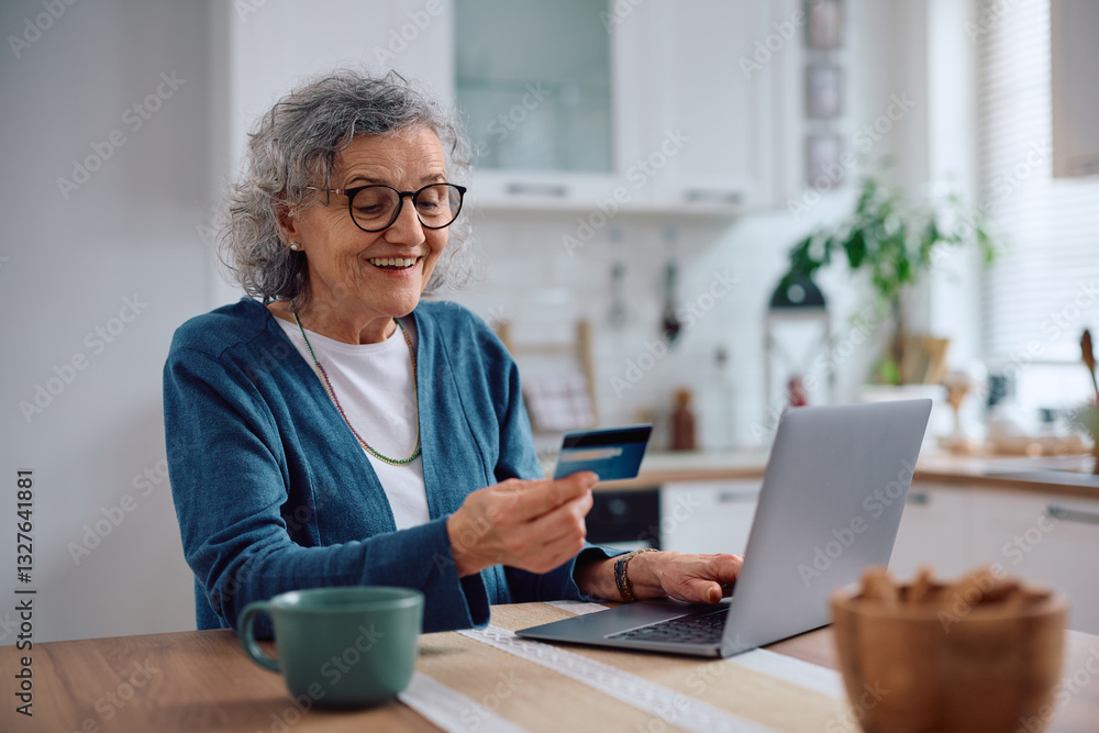 Happy senior woman ordering online with credit card and laptop. Happy senior woman ordering online with credit card and laptop.