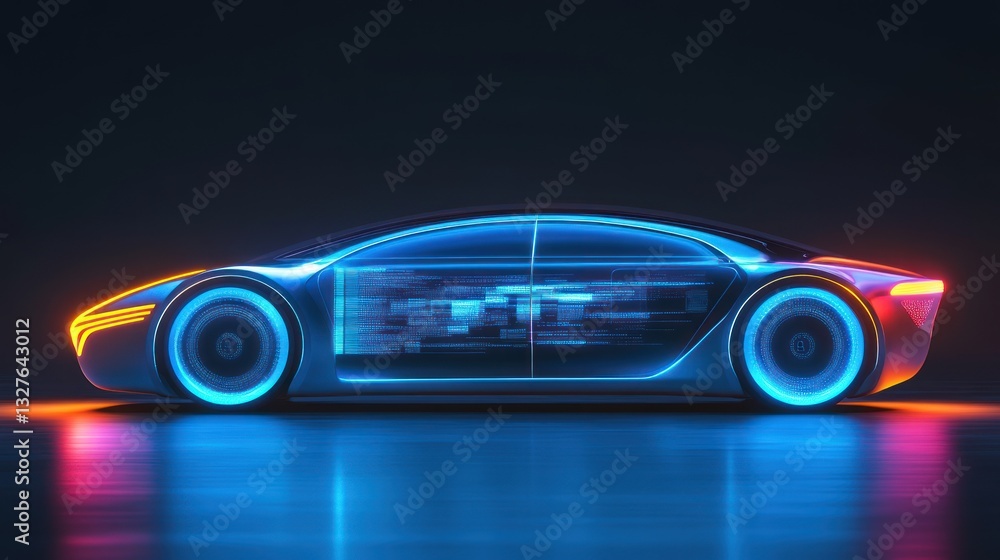 Futuristic Electric Car with Neon Lights and Data Display Futuristic Electric Car with Neon Lights and Data Display