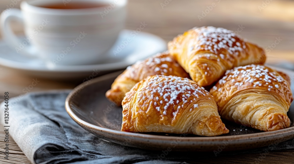 Golden Maltese pastizzi filled with ricotta served on a rustic plate with tea in a warm Mediterranean setting Golden Maltese pastizzi filled with ricotta served on a rustic plate with tea in a warm Mediterranean setting