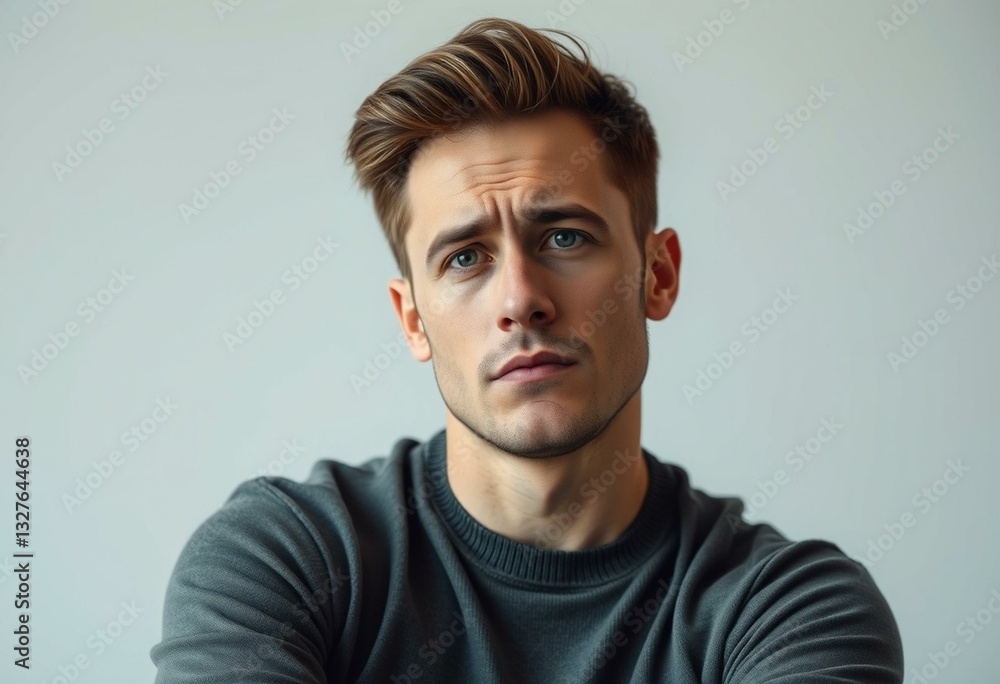 Naklejka premium Male portrait with cold pastel background, expressing negative emotions