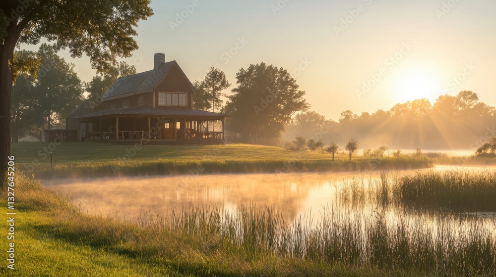 Peaceful Sunrise Over Rustic Cabins by Lake Peaceful Sunrise Over Rustic Cabins by Lake