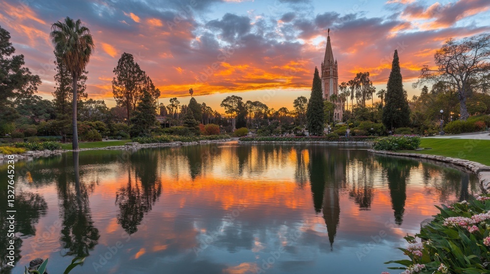 Obraz premium Peaceful Sunset Over Lake with Reflections and Greenery