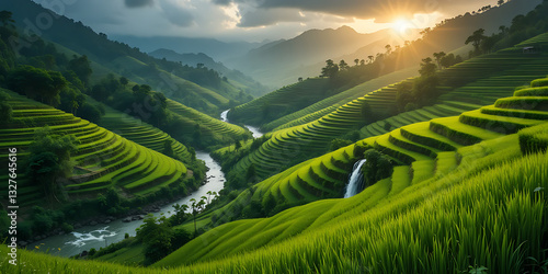 A breathtaking landscape of lush green terraced rice fields stretching across rolling hills. A gentle river flows through the valley, with small waterfalls adding to the serene beauty. 