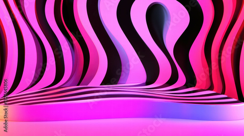 Vibrant abstract background with podium featuring black and pink curves