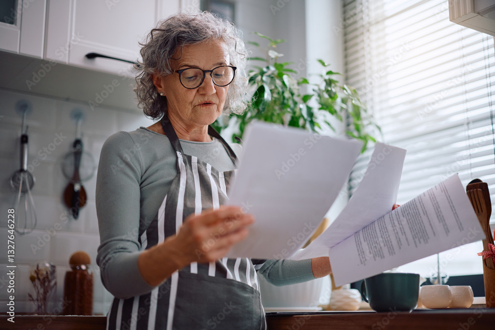 Senior woman analyzing some documents at home. Senior woman analyzing some documents at home.