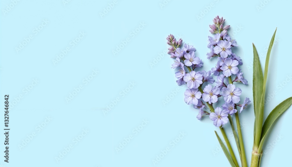 Blue wildflowers with green leaves on a light blue background. A delicate floral arrangement symbolizing peace, serenity, and the beauty of nature. Blue wildflowers with green leaves on a light blue background. A delicate floral arrangement symbolizing peace, serenity, and the beauty of nature.