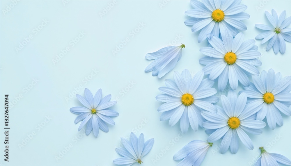 Fototapeta premium Beautiful blue daisies scattered on a soft light blue background. A fresh and vibrant floral arrangement for summer and spring designs.