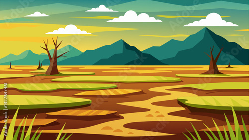 The once lush fields are now reduced to a barren wasteland the empty rice paddies a haunting sight that speaks of the dire water shortage in the region.. Vector illustration