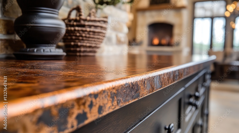 Detailed closeup of a copper countertop inside a luxurious home Detailed closeup of a copper countertop inside a luxurious home
