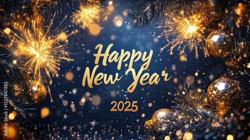 Wallpaper Mural "Happy New Year 2025" festive background with golden fireworks Torontodigital.ca
