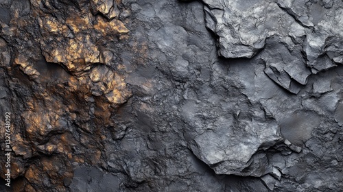 A Striking Image of Rugged Dark Rock Face with Golden Veins.  A Powerful and Dramatic Natural Texture.  A Detailed View of the Rock Surface