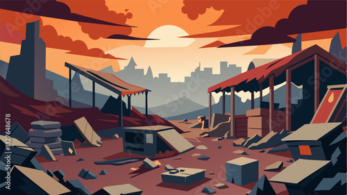 The once vibrant marketplace now lies in ruins its stalls overturned and goods destroyed by the constant shelling and violence that plagues the region.. Vector illustration