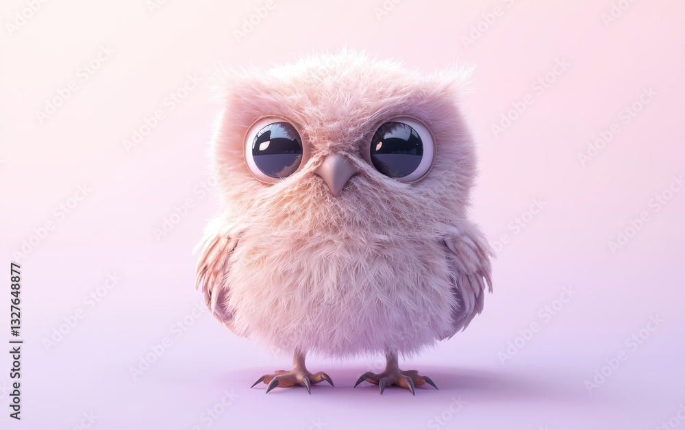 Baby owl blinking with big eyes, on a pastel light purple background Baby owl blinking with big eyes, on a pastel light purple background