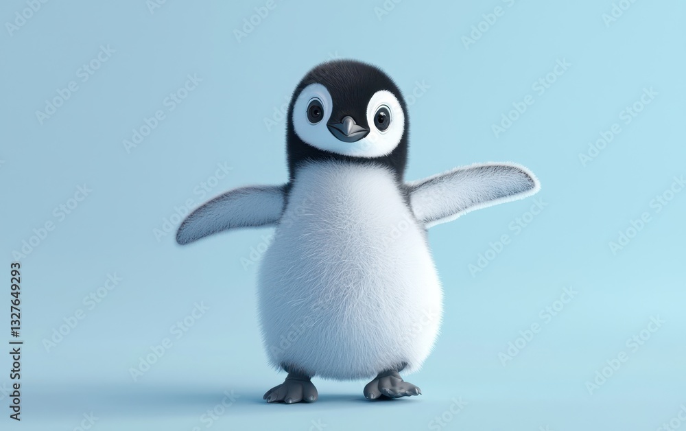 Fototapeta premium Baby penguin waddling on snow, on a pastel light blue background
