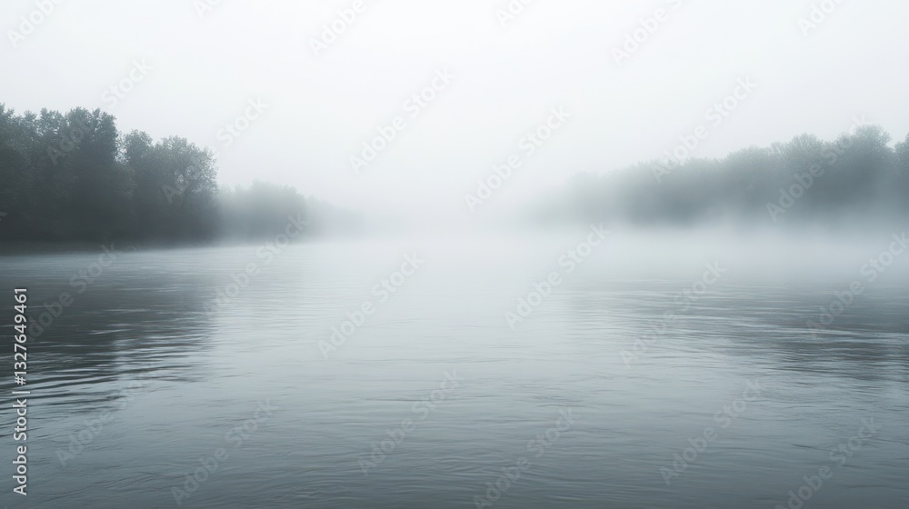 Mysterious river scenery enveloped by dense fog, creating a tranquil atmosphere Mysterious river scenery enveloped by dense fog, creating a tranquil atmosphere