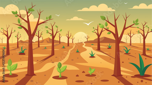 The only signs of life amidst the barren orchard are the occasional hardy weeds that have managed to survive the changing climate a symbol of resilience and adaptation in the face. Vector illustration