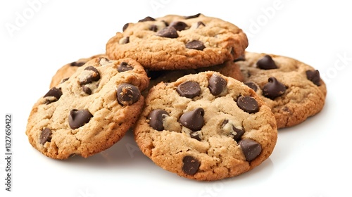Pile of chocolate chip cookies isolated on white background