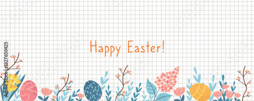 Happy Easter day spring checkered card background border banner with easter elements painted eggs, spring plant and flowers