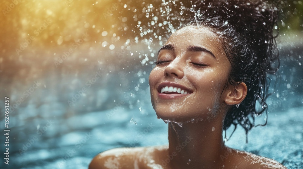 Fototapeta premium Woman enjoying refreshing water droplets on her face