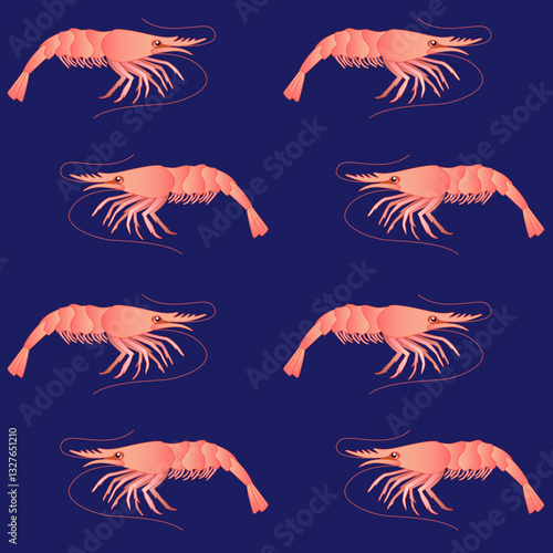 Shrimps on a classic blue background - marine, summer, vector, seamless pattern with the inhabitants of the underwater world. Pink shrimp - seafood seamless background.	