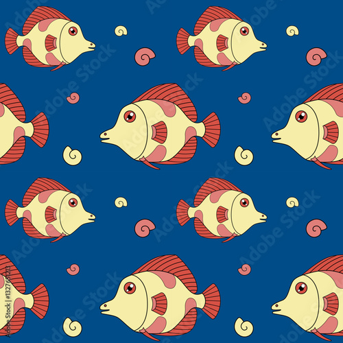 Fish and shells. Seamless pattern with tropical marine fish and clams of coral and yellow colors on a classic blue background. Vector background with ocean fish and mollusk shells.	