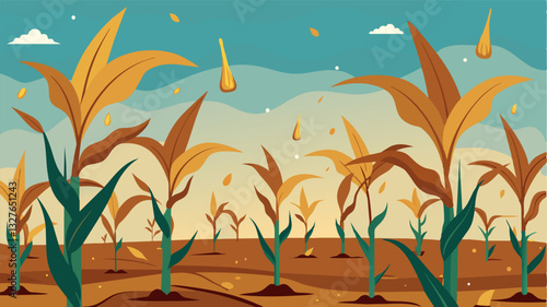 The only sound in the cornfield was the occasional rustle of dried leaves as if the plants were begging for a drop of water.. Vector illustration