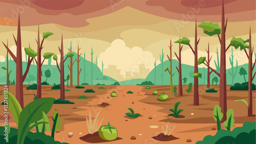 The remnants of a vegetable garden now choked with weeds struggled to survive amidst the desolate landscape.. Vector illustration