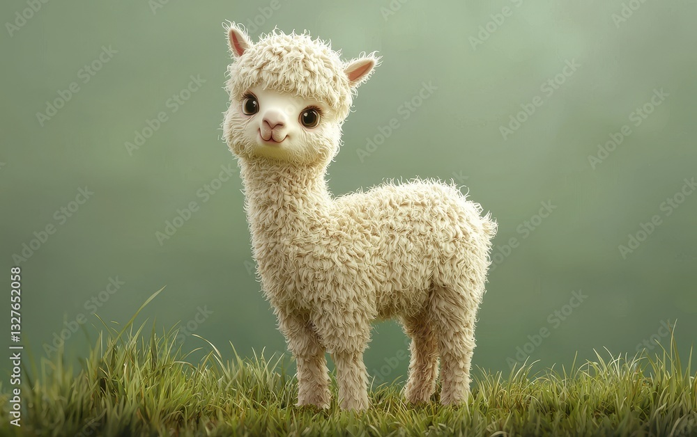 Fluffy baby alpaca on a pastel green meadow, on a pastel green background Fluffy baby alpaca on a pastel green meadow, on a pastel green background