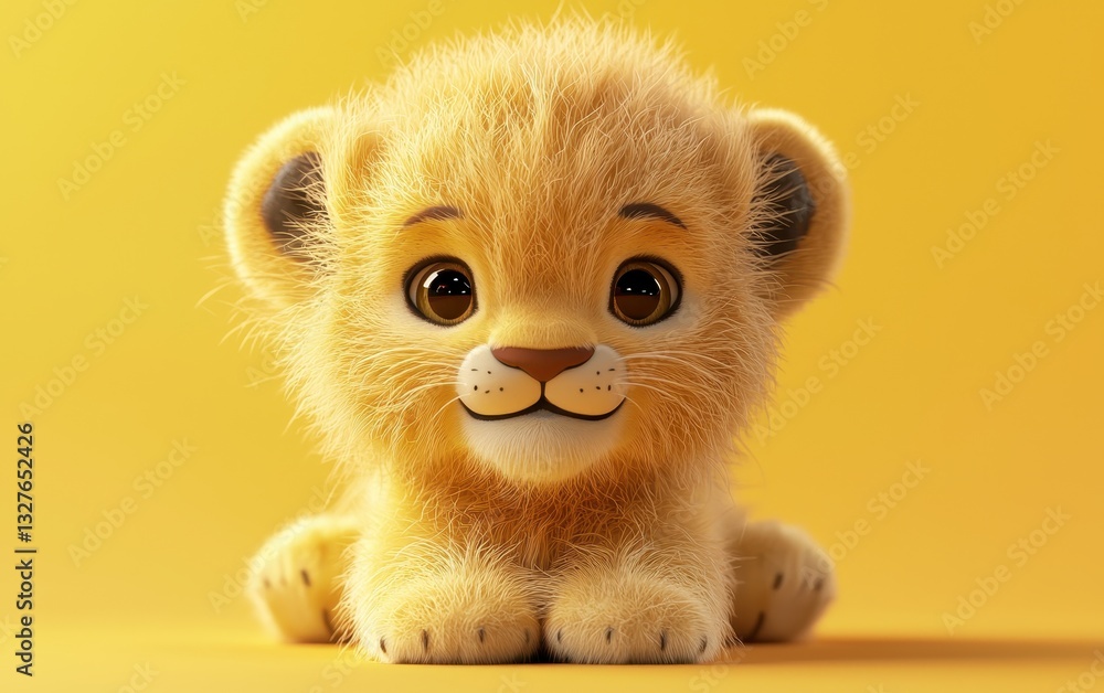 Fototapeta premium Fluffy lion cub with a playful expression, on a pastel golden background