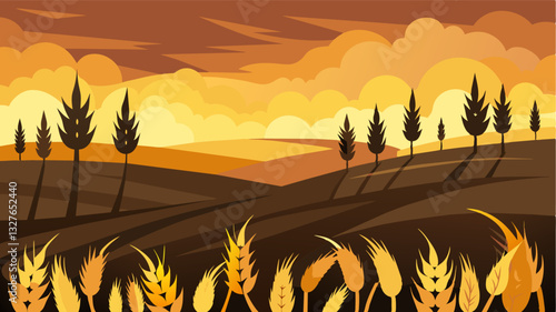 The oncegolden wheat fields now resembled a barren wasteland the burnt stubble a stark contrast to the golden hues of the surrounding landscape.. Vector illustration