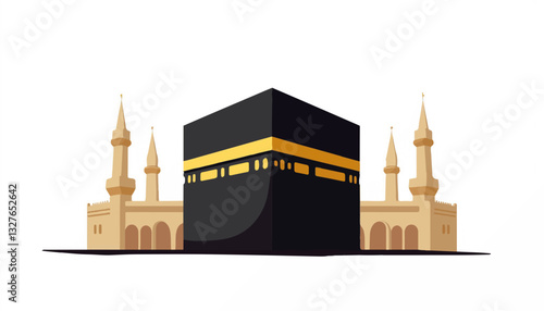 Kaaba illustration with surrounding mosque architecture