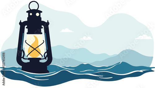 Lantern glowing on waves with mountains in background