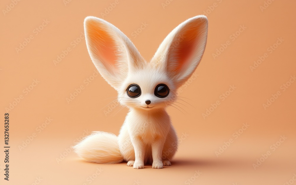 Fototapeta premium Tiny fennec fox with oversized ears, sitting on a pastel peach background