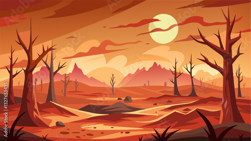 The relentless heatwave had scorched the earth leaving behind a barren and lifeless landscape that was once teeming with growth.. Vector illustration