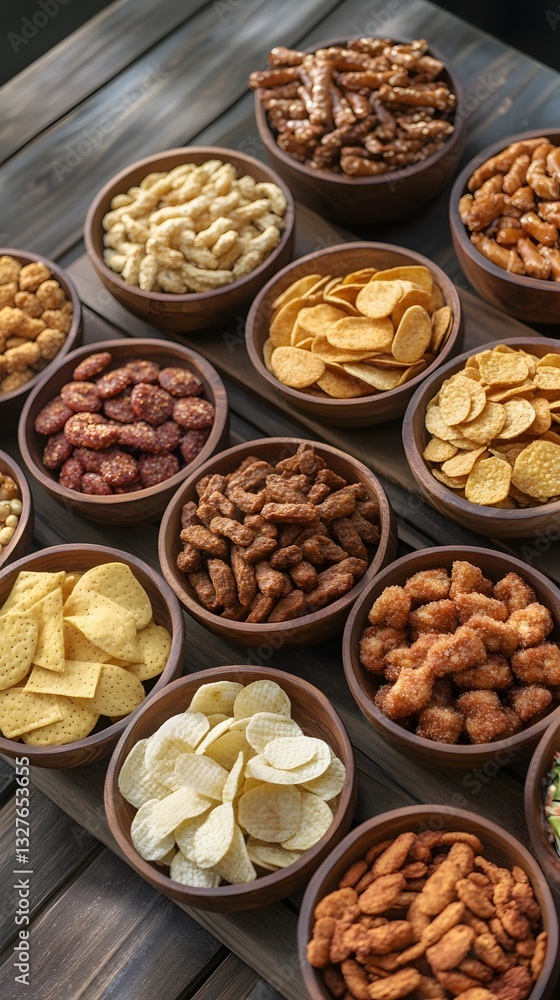 Assorted Snack Variety in Wooden Bowls, Crunchy Chips, Pretzels, and More Assorted Snack Variety in Wooden Bowls, Crunchy Chips, Pretzels, and More