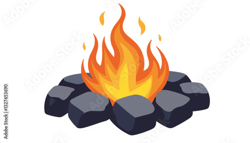 Campfire flames surrounded by rocks