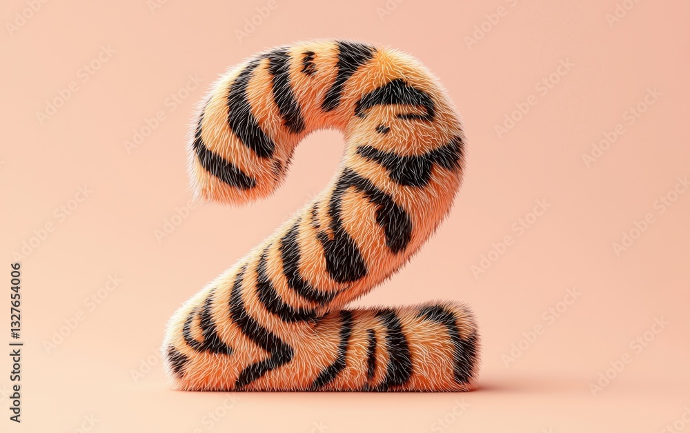 Naklejka premium Number 2 shaped from tiger fur with soft orange and black stripes, placed on a pastel peach background