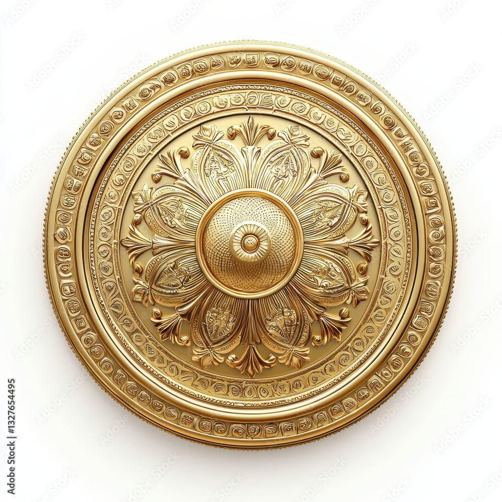 Fototapeta premium Large golden first-place trophy with circular design and intricate engravings, isolated on a pure white background