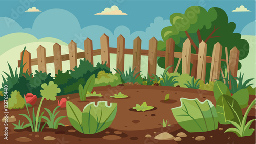 The once blooming vegetable garden is now a tangled mess of weeds. The rotted wooden fence surrounding it is ly standing a barrier that no longer serves a purpose.. Vector illustration
