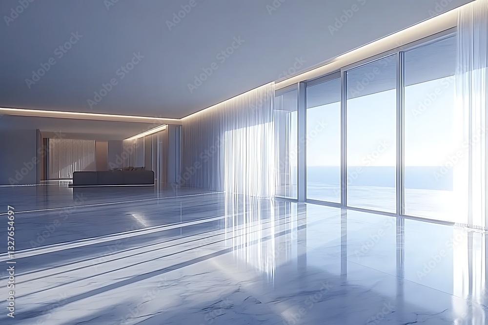 Obraz premium Modern empty room with sea view background, interior decor