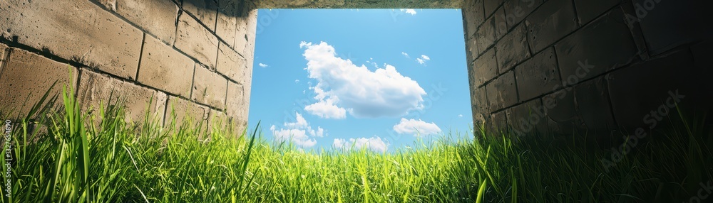 Abandoned Stadium Concept Under Clear Blue Sky and Green Grass with Deserted Atmosphere Abandoned Stadium Concept Under Clear Blue Sky and Green Grass with Deserted Atmosphere