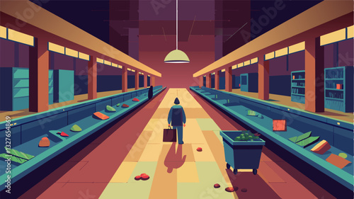 The once bustling market floor is now eerily quiet with only a few forlorn shoppers wandering through the deserted aisles.. Vector illustration