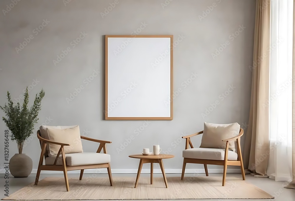 Minimalist blank mockup frame in living room with wooden chair and concrete coffee table Minimalist blank mockup frame in living room with wooden chair and concrete coffee table