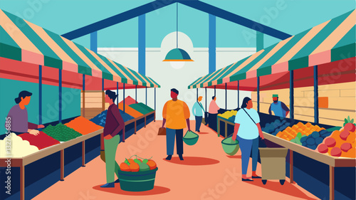 The once bustling fruit market now stood quiet and still with only a handful of buyers browsing the stalls.. Vector illustration