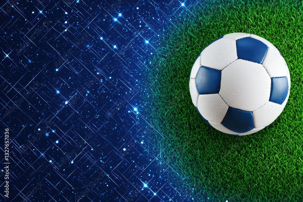 Fototapeta premium Grand Football Championship Night Concept with a Soccer Ball on Grass and Stars in Background