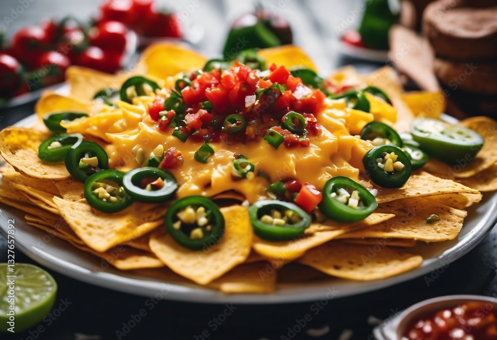 Fototapeta premium Cheese-covered nachos loaded with jalapeños and salsa, served on a festive platter