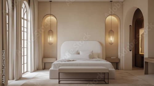 A minimalist Arabic-inspired bedroom with soft, calming cream walls and arched doorways that lead into the bed area