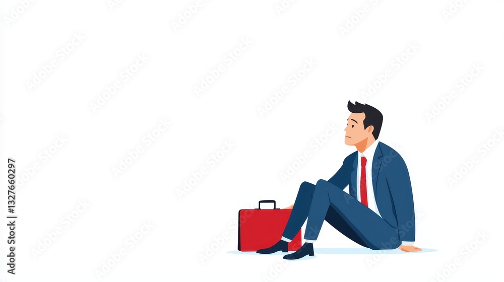 Businessman Concept of Failure and Reflection Sitting on the Ground with Briefcase Businessman Concept of Failure and Reflection Sitting on the Ground with Briefcase